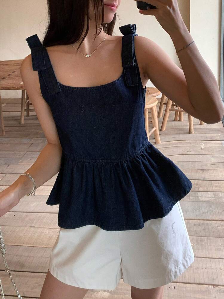 Women's Bow Tie Korean Style Washed Ruffle Trim Denim Blouse Summer Babydoll Top