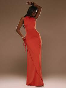 MUSERA High Neck Low Back Wraparound Detail Maxi Dress Spring Summer Vacation Beach Elegant Ibiza Festival Holiday Tajine - Burnt Orange - View 5