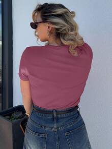 Jeta Ari Solid Color Embroidered Heart Short Sleeve T-Shirt Summer,Business Casual Women - Purple - View 2