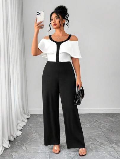 SHEIN Tall CURVE Fashionable & Elegant Round Neck Sleeveless Ruffle Hem Colorblock Plus Size Women Jumpsuit, Spring/Summer