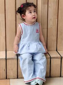 Dazy Kids Bộ 2 món áo và quần không tay cổ tròn kiểu Hàn Quốc viền bèo cho bé gái sơ sinh/trẻ nhỏ - Màu xanh lam - Xem 5