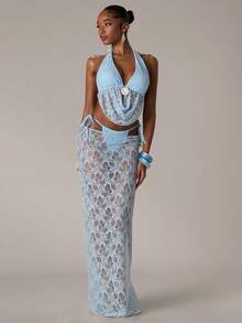 SHEIN BAE Women's Sexy Sheer Lace Low Waist Cover-Up Skirt, Suitable For Beach, Vacation - Baby Blue - View 3