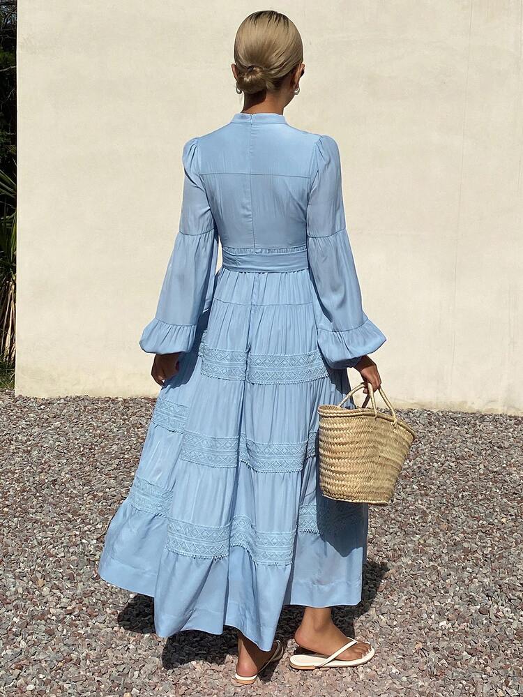 Women's Elegant Solid Color Lace Patchwork Stand Collar Belted Mid-Length Dress, Spring & Summer