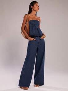SHEIN BAE Conjunto de moda con top bandeau con volantes y pantalones vaqueros de pierna ancha para mujer - Azul lavado oscuro - Ver 4