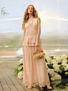 PREMIUM WOMEN'S ROMANTIC EMBROIDERED LACE TRIM LONG DRESS, SPRING/SUMMER - Coral Pink - View 7