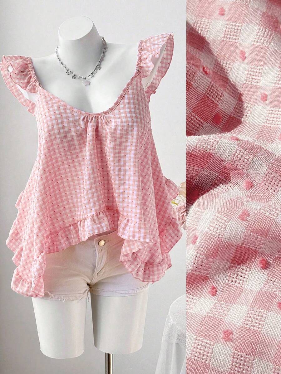 Sweetra Summer New Pink Plaid Asymmetrical Ruffle Design Fashionable Sleeveless Camisole - Pink - View 1