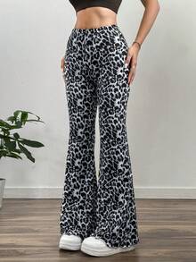 SHEIN EZwear 女士豹纹印花喇叭针织裤，春夏款 - 灰色 - 查看 3