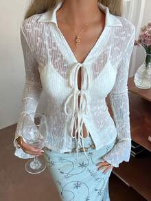 DAZY Áo khoác cardigan nữ mùa hè tay dài cổ bẻ, chất liệu hơi xuyên thấu, thắt nơ phía trước, kiểu dáng thường ngày. - Màu be - Xem 1