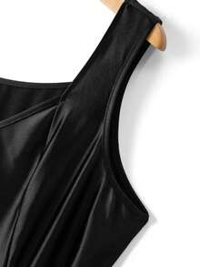 GlowEve CURVE Elegant Satin Button Waist Belt Contrast Lace Plus Size Dress For Women - Black - View 5