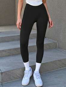 DAZY Quần legging nữ màu trơn, kiểu dáng tối giản, cạp cao, thích hợp mặc hàng ngày. - màu đen - Xem 3