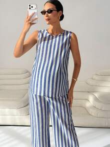 MaterniWear 两件套孕妇条纹圆领背心和抽绳腰裤休闲套装 - 藍白色 - 查看 4