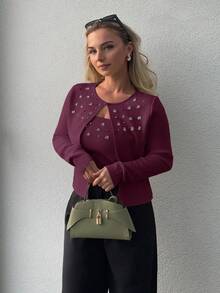 Jeta Ari 串珠水钻针织开衫 秋季、冬季、新年、派对、婚礼、优雅、别致、时尚、舒适、圣诞节 - 中紫紅色 - 查看 6