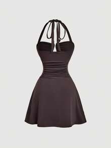 SHEIN MOD 性感时尚露背吊带褶皱腰迷你连衣裙 - 咖啡 - 查看 3