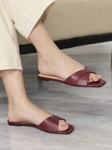 Sleekvia 女士夏季新款褶皱方头平底拖鞋，休闲舒适，百搭外穿 - 酒紅色 - 查看 4