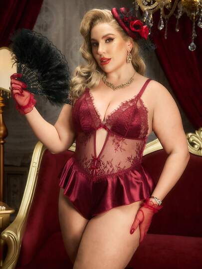 1pc Wine Red Plus Size Women Lace Patchwork Lingerie Jumpsuit