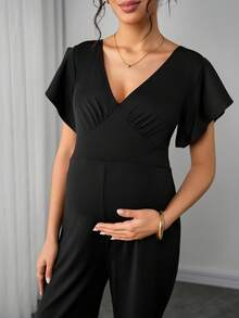 SHEIN 孕妇纯色V领镂空休闲短袖连体裤 - 黑色 - 查看 7