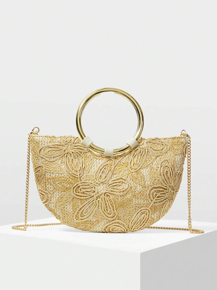 LADIES HANDBAG, DELICATE FLOWER TEXTURED VACATION SEMICIRCLE BAG