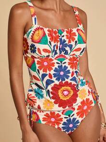 Travachic 女士夏季沙滩打结印花褶皱吊带背心式泳衣上衣和三角泳裤套装 - 彩色 - 查看 6