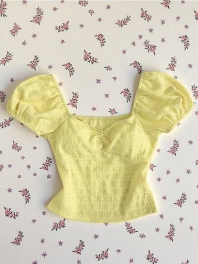 Elamini Camiseta ajustada de manga abullonada con cuello cuadrado, tejido jacquard de punto amarillo para mujer, ideal para primavera/verano, resort, estilo bohemio romántico, elegante, minimalista y versátil para citas y uso diario