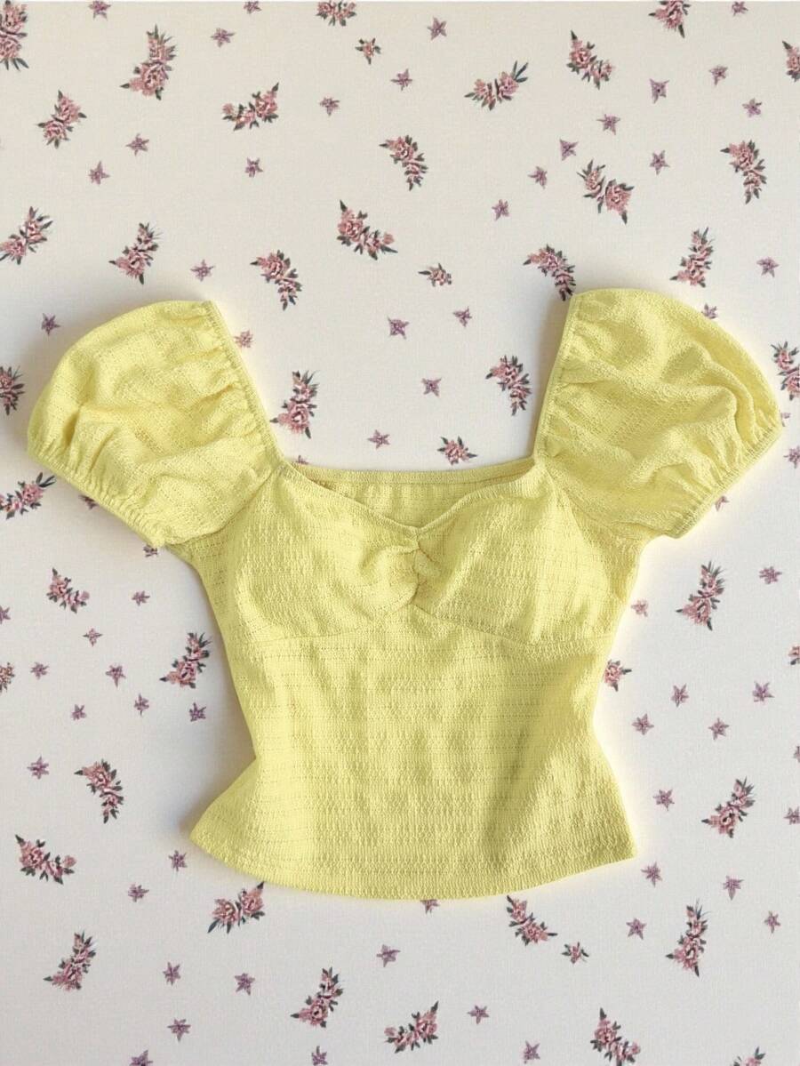 Elamini Yellow Knitted Jacquard Ruched Fabric Square Neck Puff Sleeve Fitted T-Shirt For Women, Spring/Summer , Resort, Boho Romantic, Elegant, Minimalist, Versatile For Dates & Everyday Wear - Yellow - View 1