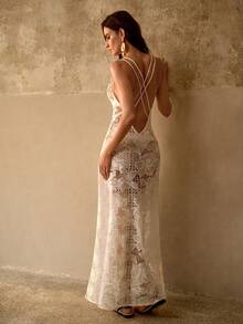 MOTF PREMIUM CASUAL VACATION FLORAL PRINT BACKLESS DRESS WITH SLIT HEM AND SHEER OVERLAY - White - View 3