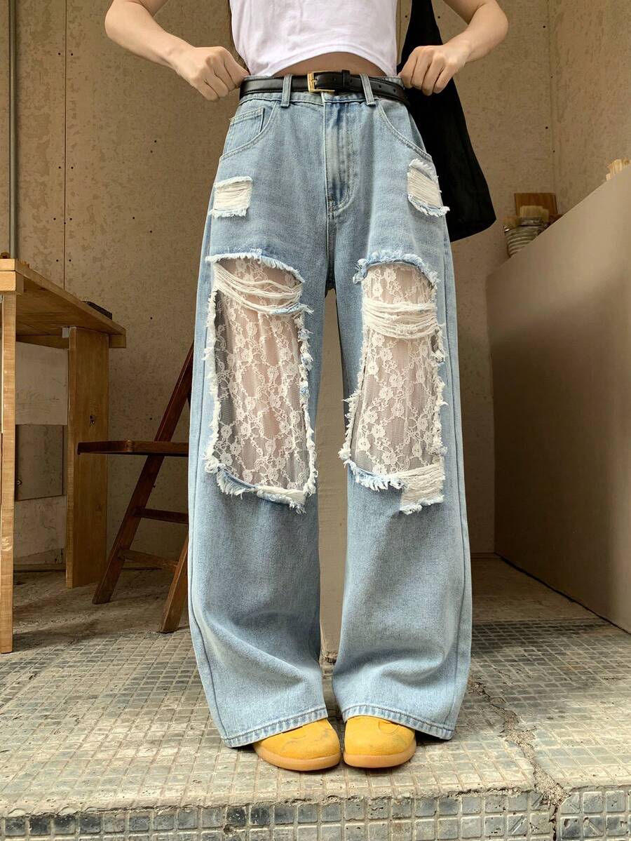 FRIFUL Quần jeans ống rộng nữ rách phối ren, kiểu dáng thường ngày. - Màu xanh lam - Xem 1