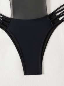 Swim SXY 1件纯黑色针织露背系带侧抽绳女士连体泳衣 - 黑色 - 查看 8