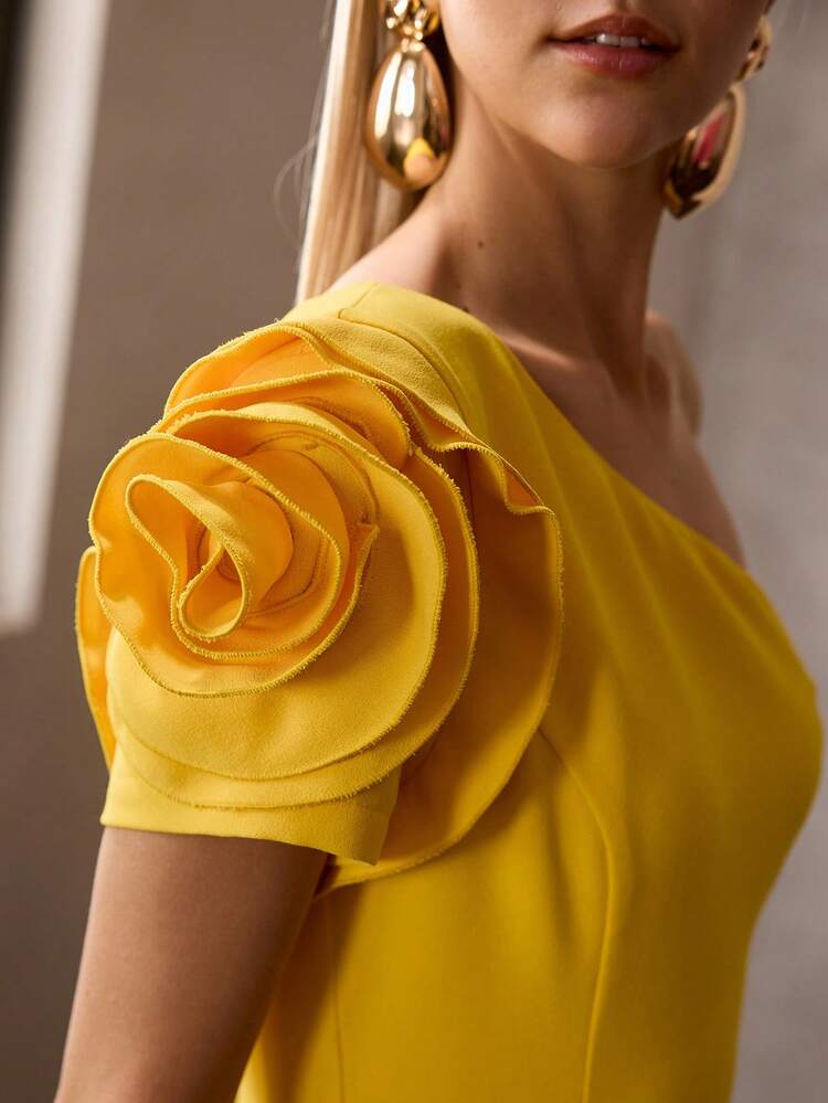 MOTF Soiréza WOMEN'S MUSTARD YELLOW ONE SHOULDER FISHTAIL SPLIT THIGH SHORT SLEEVE DRESS, SUITABLE FOR WEDDING, PARTY, BANQUET