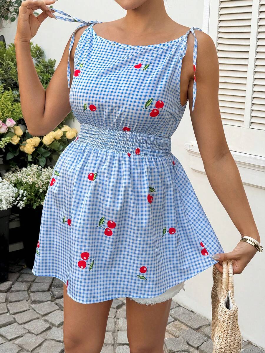 SHEIN 孕妇吊带收腰格子樱桃印花夏季衬衫 - 藍白色 - 查看 1