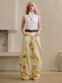 Arave Women's Jacquard Wide Leg Pants Vintage Floral Print High Waist Side Pockets,White Flower,Summer,Euro,Tea Party,Vacation,Holiday French Retro Dress - Yellow - View 7