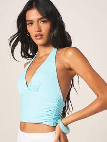 MISSGUIDED 轻盈露脐吊带短款上衣，V领设计，褶皱衣身，适合海滩度假 - 藍色 - 查看 3