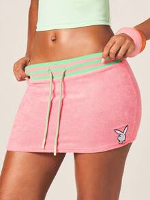 Missguided x Playboy Pink Mini Skirt With Green Striped Waistband Drawstring Closure Bunny Logo Casual Bodycon Summer Bottom - Baby Pink - View 2