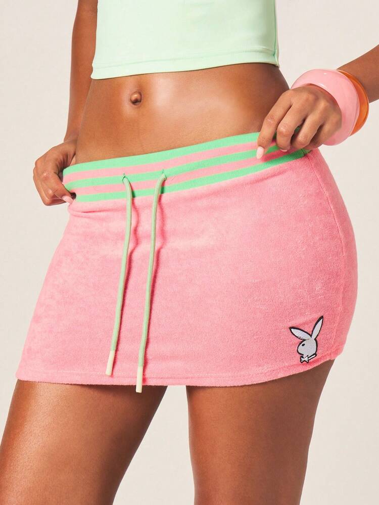 Missguided x Playboy Pink Mini Skirt With Green Striped Waistband Drawstring Closure Bunny Logo Casual Bodycon Summer Bottom
