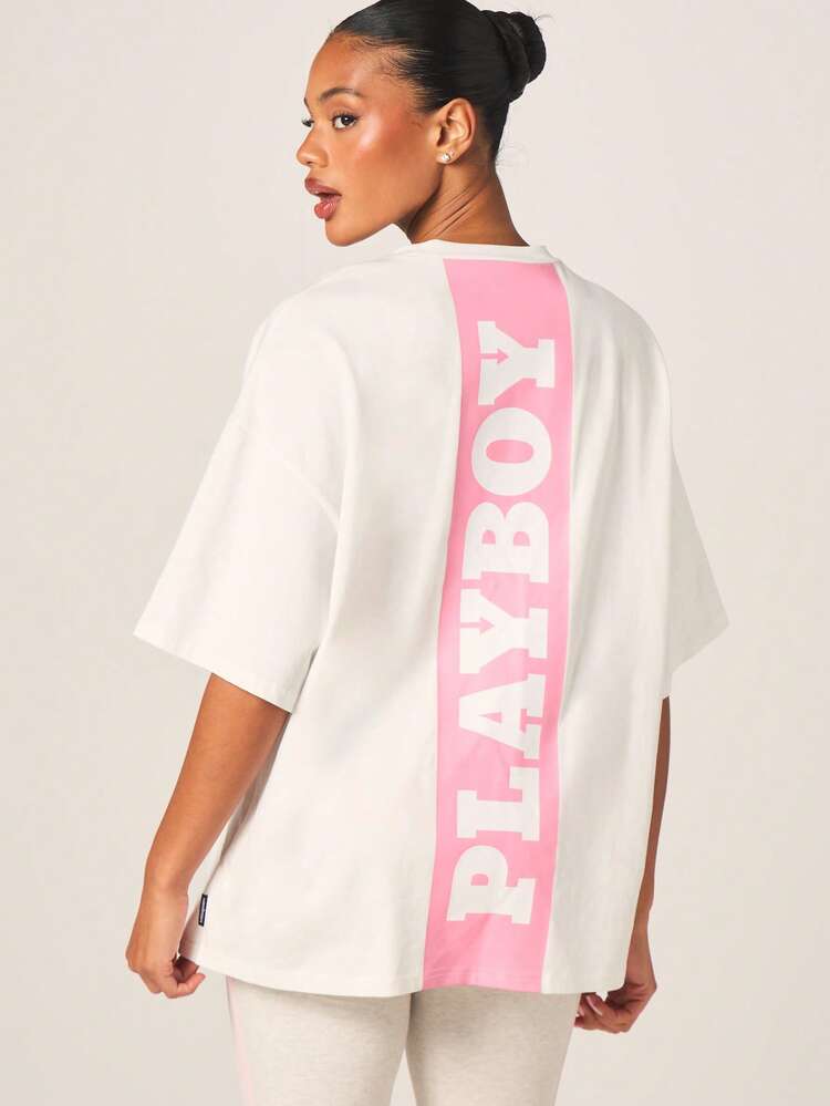 Missguided x Playboy T-shirt graphique rose et blanc surdimensionné pour femmes avec col rond et manches courtes