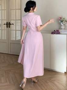 DAZY 女士优雅纯色褶裥系腰中长连衣裙，配西装领，春夏吊带裙 - 粉色 - 查看 2