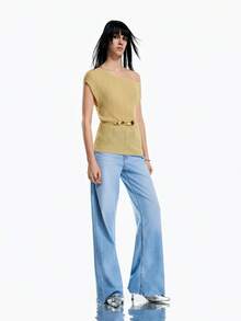 Airlisse Asymmetric Ruched Tie-Back Knit Cover Up For Women,Sheer Short Sleeve Ribbed Off The Shoulder Tops,Mustard Yellow,Summer,Effortless Chic,Vacation - Green - View 4