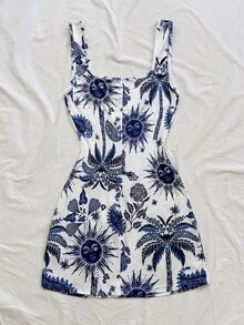 Soleia Vestido corto casual de tirantes finos con estampado para vacaciones - Azul y blanco - Ver 2