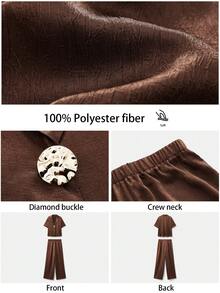 Maija Brown Satin Women's Suit Set, Short Sleeve, Textured, Loose, Casual, Urban - Brown - View 8