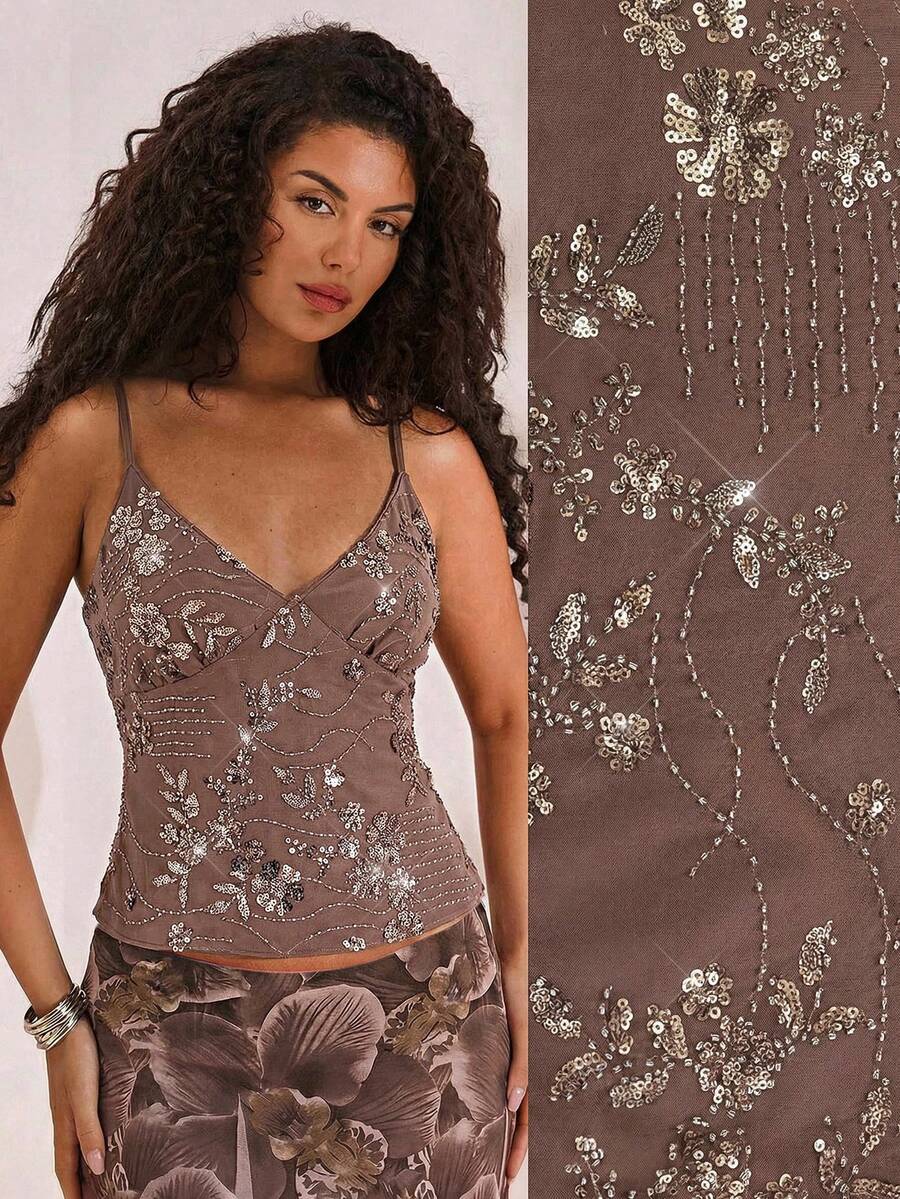 Opulessa Blusa bordada con cuentas de unicolor sin espalda para mujeres - Marrón - Ver 1