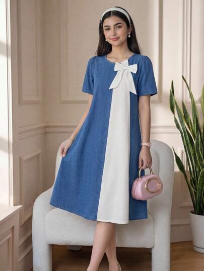 SHEIN Teen Girls' Sweet Loose Casual Round Neck Color Block Bow Decorated Mid-Length Dress, Suitable For Various Occasions, Back To School, Campus Style Graduation Outfit,Cute Summer Dresses, Vacation Outfits,Summer Boho Beach Concert Rave Festival,Girls Summer Cute Shorts Outfits,Summer Holiday Outfits ,Spring Clothes Outfit,Beach Outfits For Girl,Vacation Casusal Outfits Girl,Valentine's Day Outfit