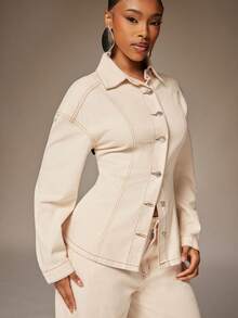 Denimoi Contrast Stitch Cinched Waist Button Front Collared Denim Top Fashionable Tops Denim On Denim - Dark Wash - View 5