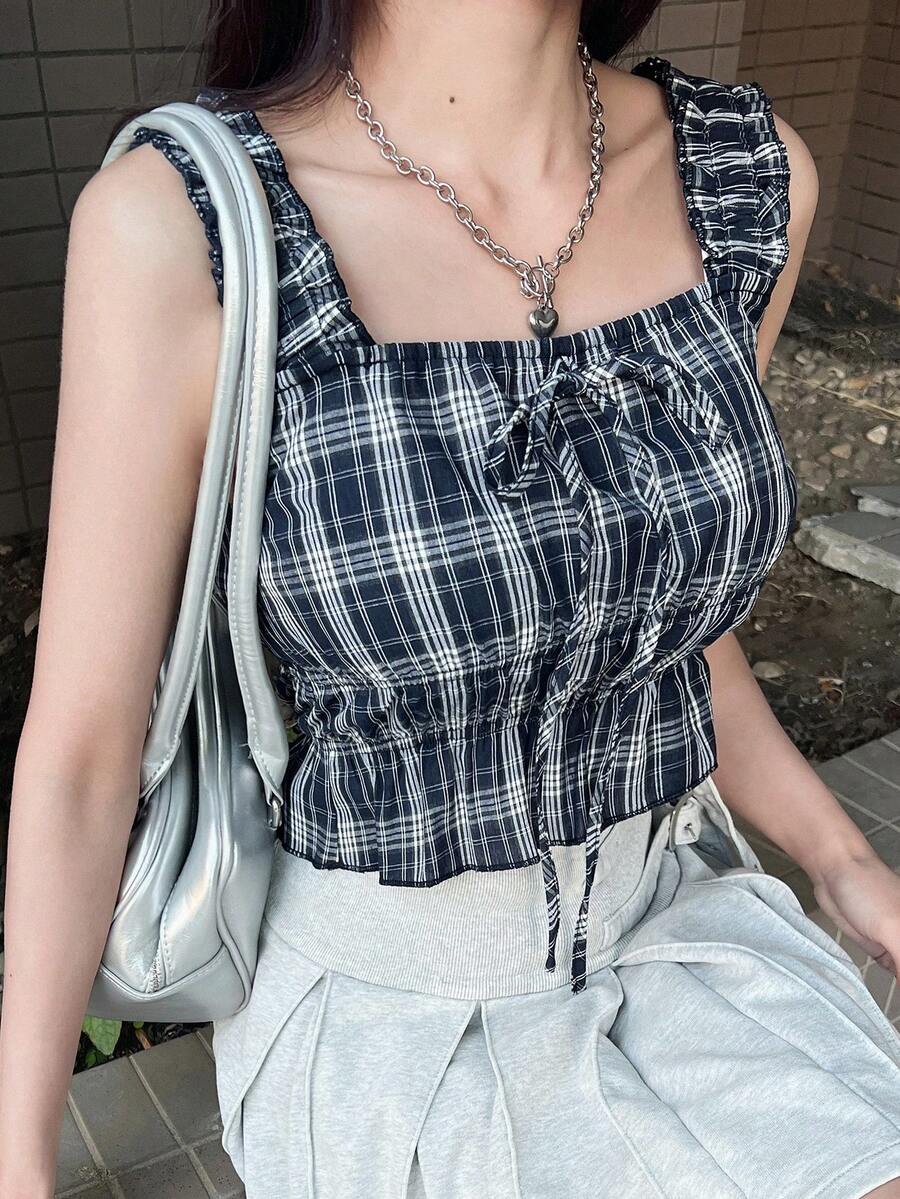 FRIFUL 女士全格纹紧身吊带背心，正面系带，夏季款 - 藍色 - 查看 1