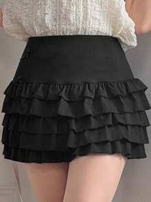 FRIFUL Women's Short Multi-Layer Patchwork Cake Skirt, Solid Color Summer Mini Skirt - Black - View 1