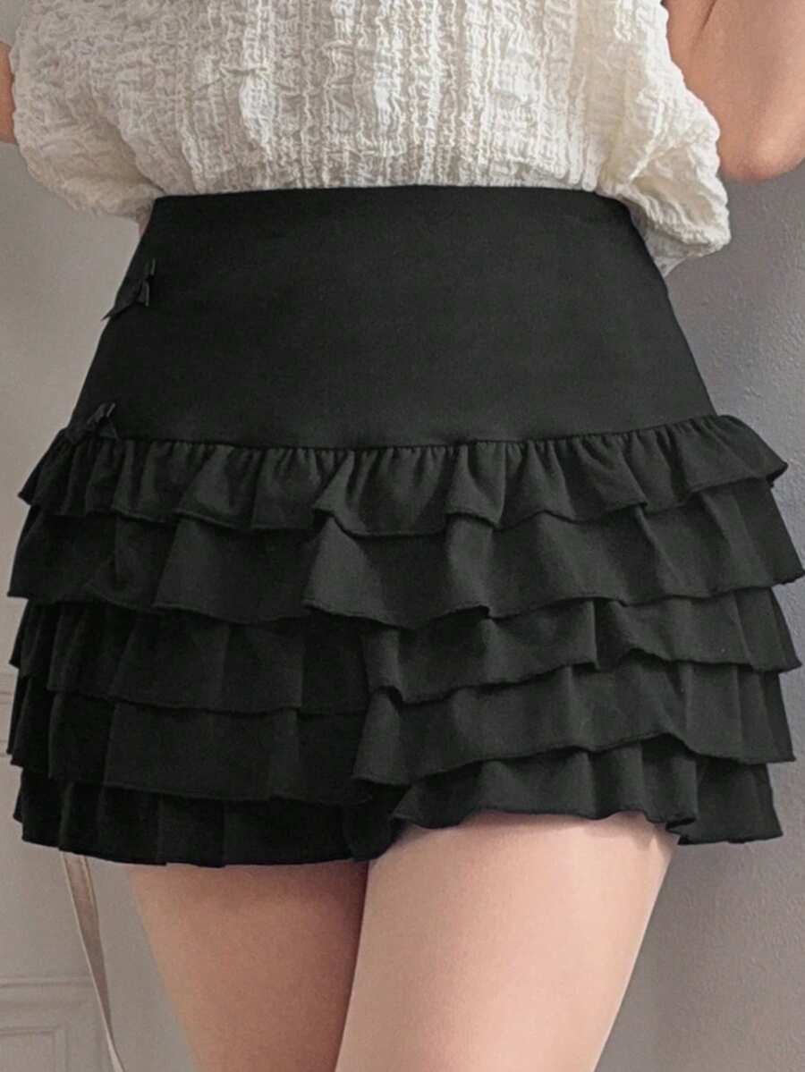 FRIFUL Women's Short Multi-Layer Patchwork Cake Skirt, Solid Color Summer Mini Skirt - Black - View 1