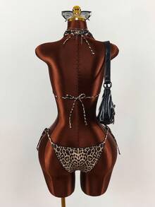 Amplova Conjunto de bikini reversible con estampado de leopardo para mujer, sexy y elegante, adecuado para vacaciones, traje de baño negro sólido básico de doble uso - Multicolor - Ver 2