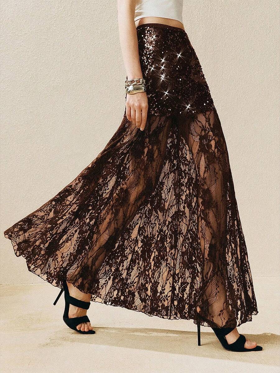 Arave Women's Elegant Sequin Contrast Lace Black Skirt, Party - Coffee Brown - View 1