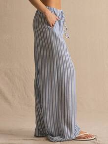 MUSERA Stripe Drawstring Wide Leg Co-Ord Trousers Only Spring Summer Cosy Cute Daily Girly Vacation Sunlight Social - Blue and White - View 2