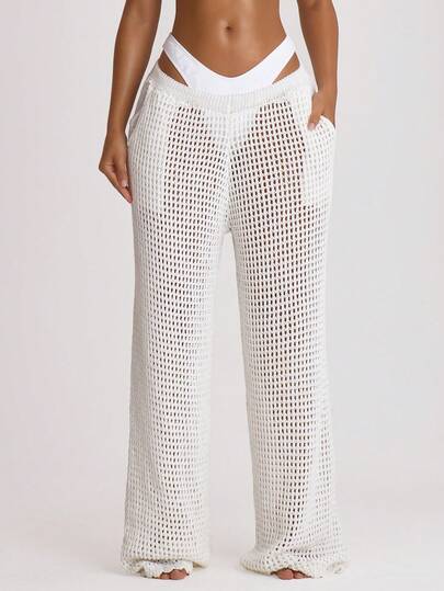 Musera Resort Crochet Knit Wide Leg Cover Up Trousers Swim Vacation Holiday Summer Travel Beachwear Basics Hen Do Wedding Bridal Bachelorette Solid Colour Core