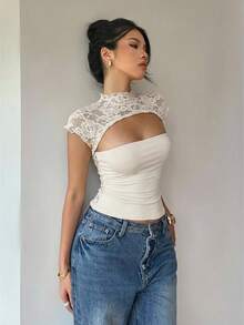 Siren Gaze Women's Lace Patchwork Hollow Out Blouse, Summer - Apricot - View 7