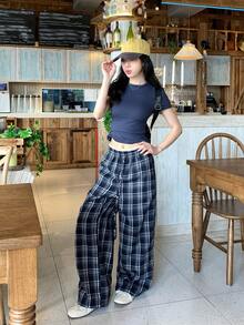 FRIFUL Women's Spring/Summer Plaid Waistband Contrast Lace Drawstring Loose Casual Versatile Pants - Multicolor - View 5